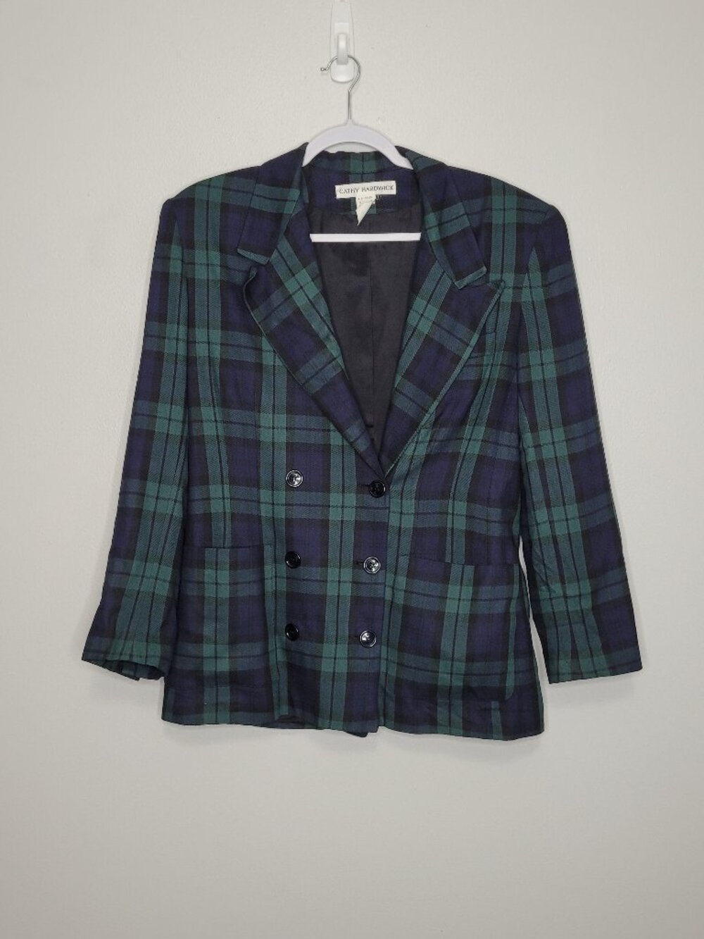 Vintage 90s Cathy Hardwick blue green plaid button front slight crop blazer 10
